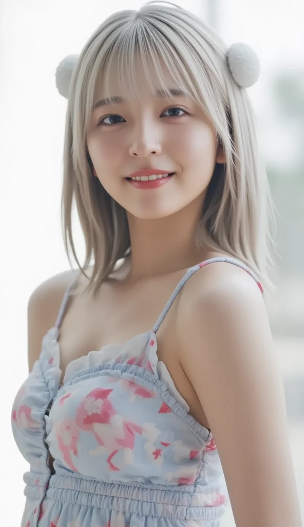 Japanese Girls、garden、((highest quality,masterpiece,超A high resolution)),(Realistic:1.4),1 girl,Head to Knee,Dynamic posture,Adult face,slim,thin、(smile),(Shiny skin),(overview,frontage,Twilight),Gray Hair,Long white hair,Rainbow Eyes,Large Breasts,Off the shoulder、(mini skirt),(Clear Eyes),(Beautiful nose),(Transparent lips),(Fair skin),