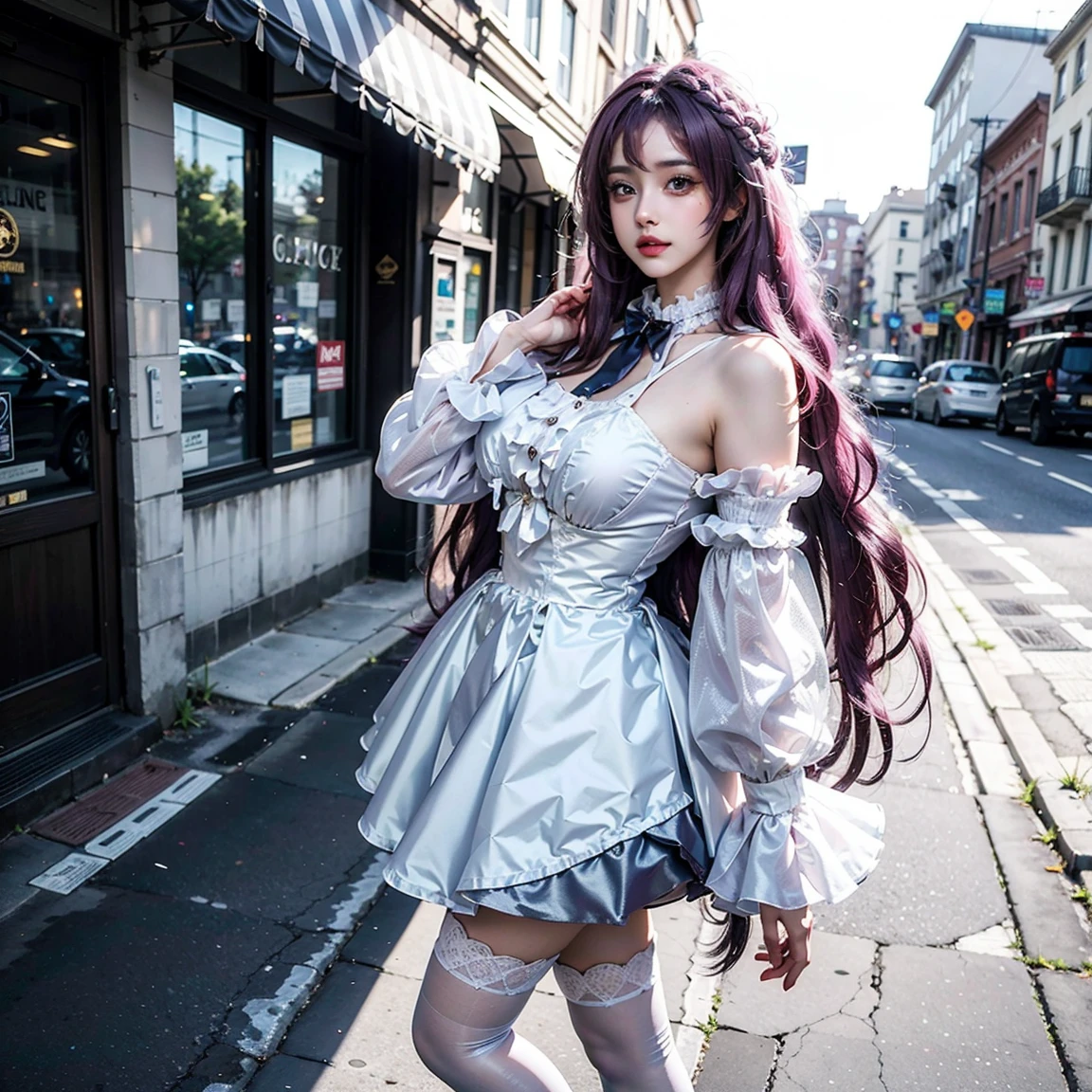 Light pink hair, blue eyes,  Champs Elysees, Vibrant colors, steampunk　Costume、 Sunset behind, Ray Tracing, Wavy long hair、shopping、1 female、