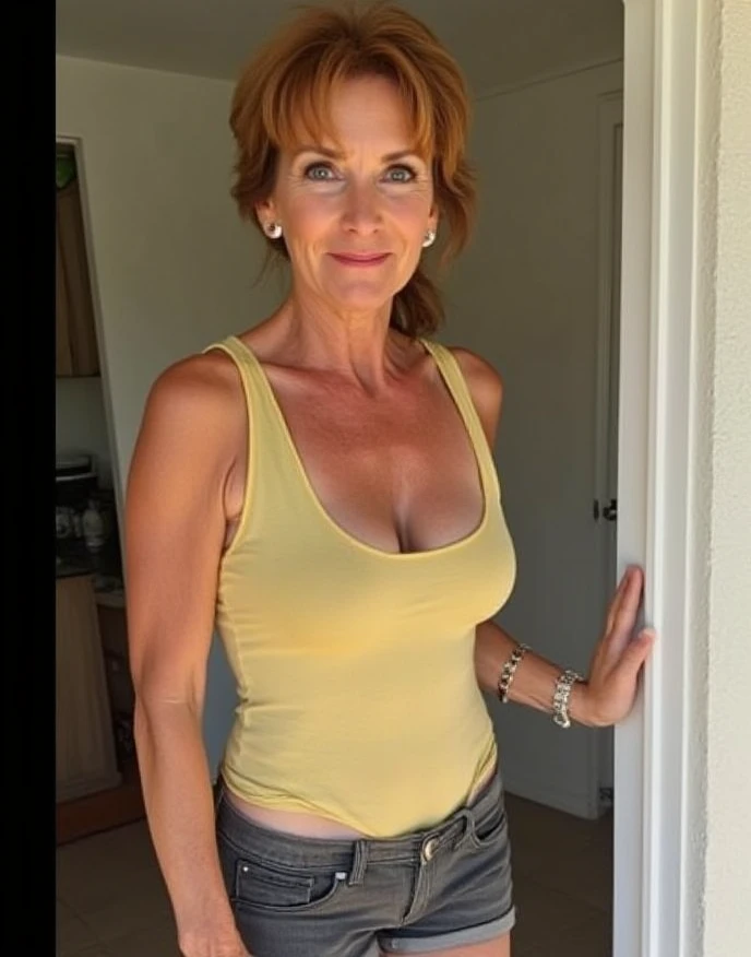 casual photo, Secretary/50 year old natural milf teacher, Pale skin, thin face discreet pink painted lips, mom bod, short curly brunette hair, black glasses and Ibizan pants that show through her thong, shirt showing nipples with piercing and accidentally open at the neckline, sweaty skin, sweat on tits, Empty office, sexy light