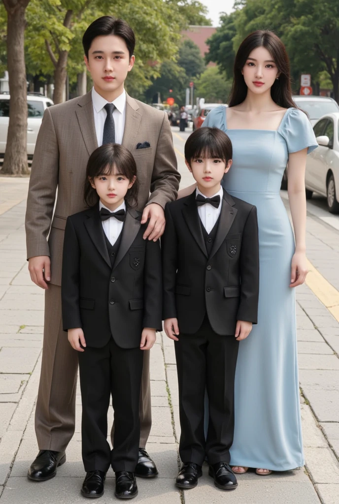 Photo of a man in a suit and tie standing next to a woman in a hat, Children dressed in black,a picture,top-quality,realisitic