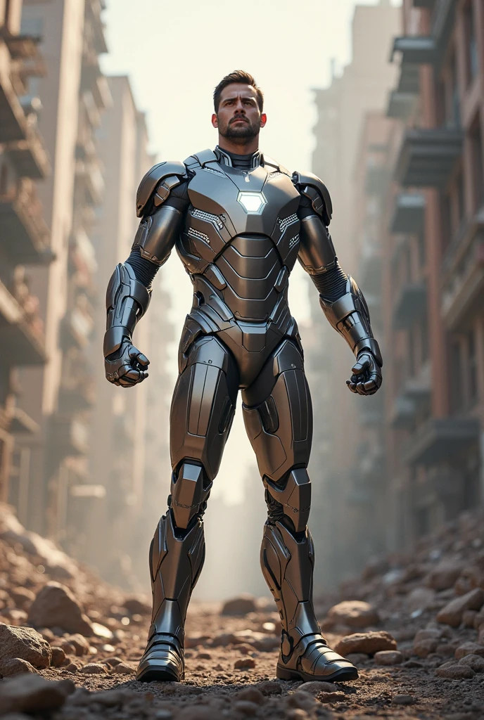 Iron man holding clothes iron machine 