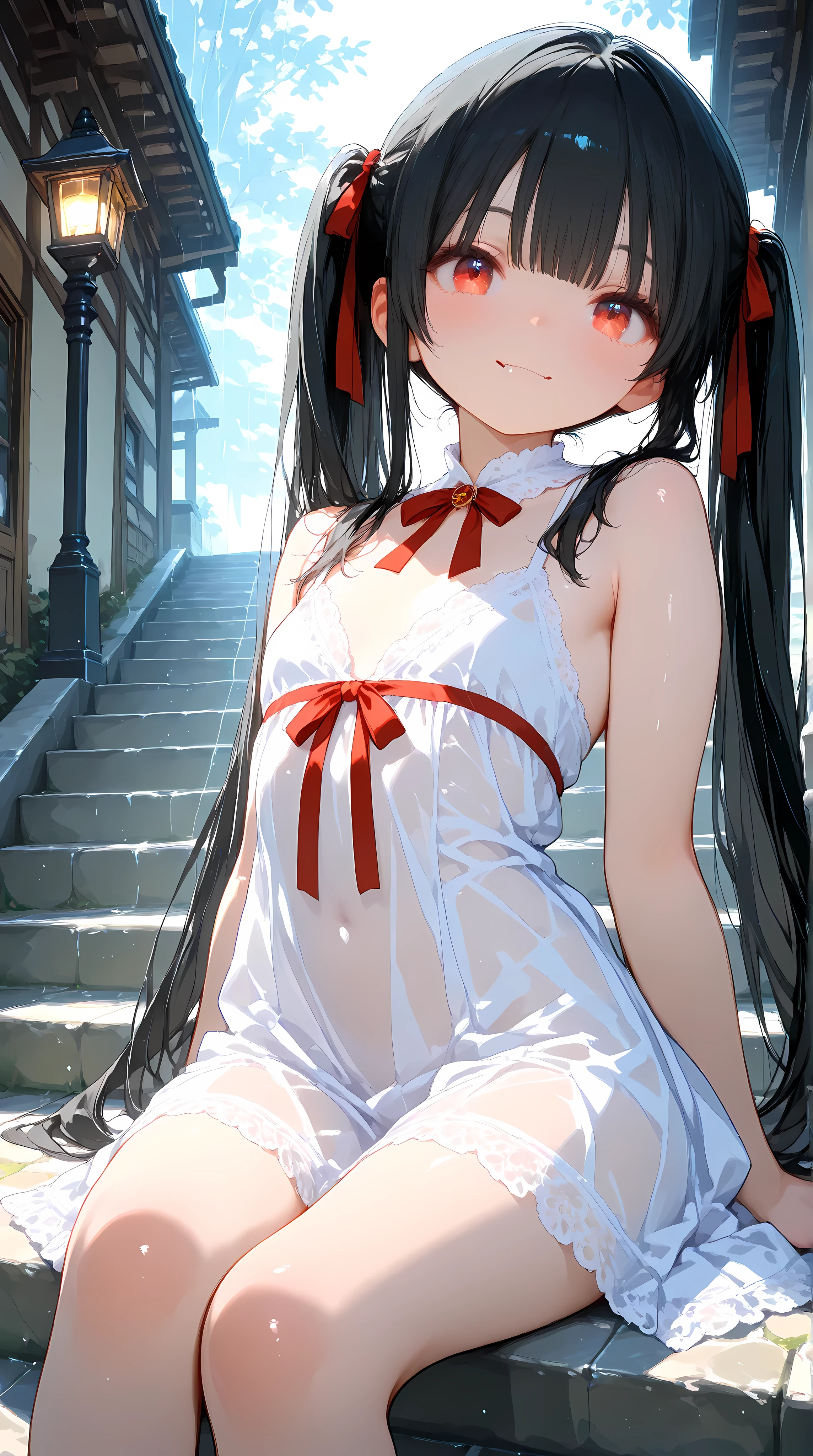8k, masterpiece, best quality, ultra-detailed illustration, ultra-detailed, intricate details, hyper-detailed, high resolution, cinematic lighting, soft shadows, solo,
a single girl, cute, beautiful anime-style girl, anatomically natural,
confident half-smile with fangs, thin white slip dress clinging wetly to her body, sitting sideways on stairs with one leg stretched and the other bent, camera placed slightly behind and below revealing the curve under the hem, rain-soaked stone path with glowing puddles reflecting lamplight,
hime cut, red ribbon twin-tails, black hair, hair drawn strand by strand, dynamic hair, glossy hair,
red eyes, highly detailed eyes, big sparkling eyes,
petite, body, small stature, youthful proportions, stylized low head-to-body ratio, anatomically correct, realistic anatomy, baby face, flat chest,
smooth skin, soft skin, natural shading, translucent skin,
intricate clothing textures, realistic fabric rendering, natural shadows and wrinkles, delicate weaving patterns, soft and silky fabric, glossy surface, finely sewn edges, highly detailed cloth rendering, three-dimensional draping,
depth of field, blurred background, adorable, cute, lovely,
