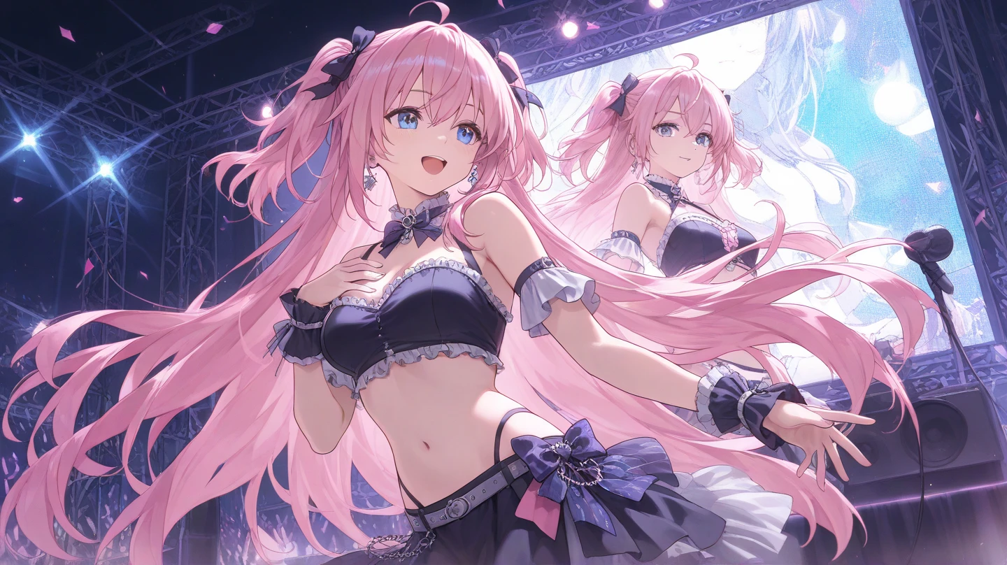 (masterpiece, best quality), best resolution, (2heads:1.5), 1girl, megurine luka cosplay, pink hair, blue eyes, dancing, open mouth, singing, outdoor stage, outside convention center at night, multicolored lights