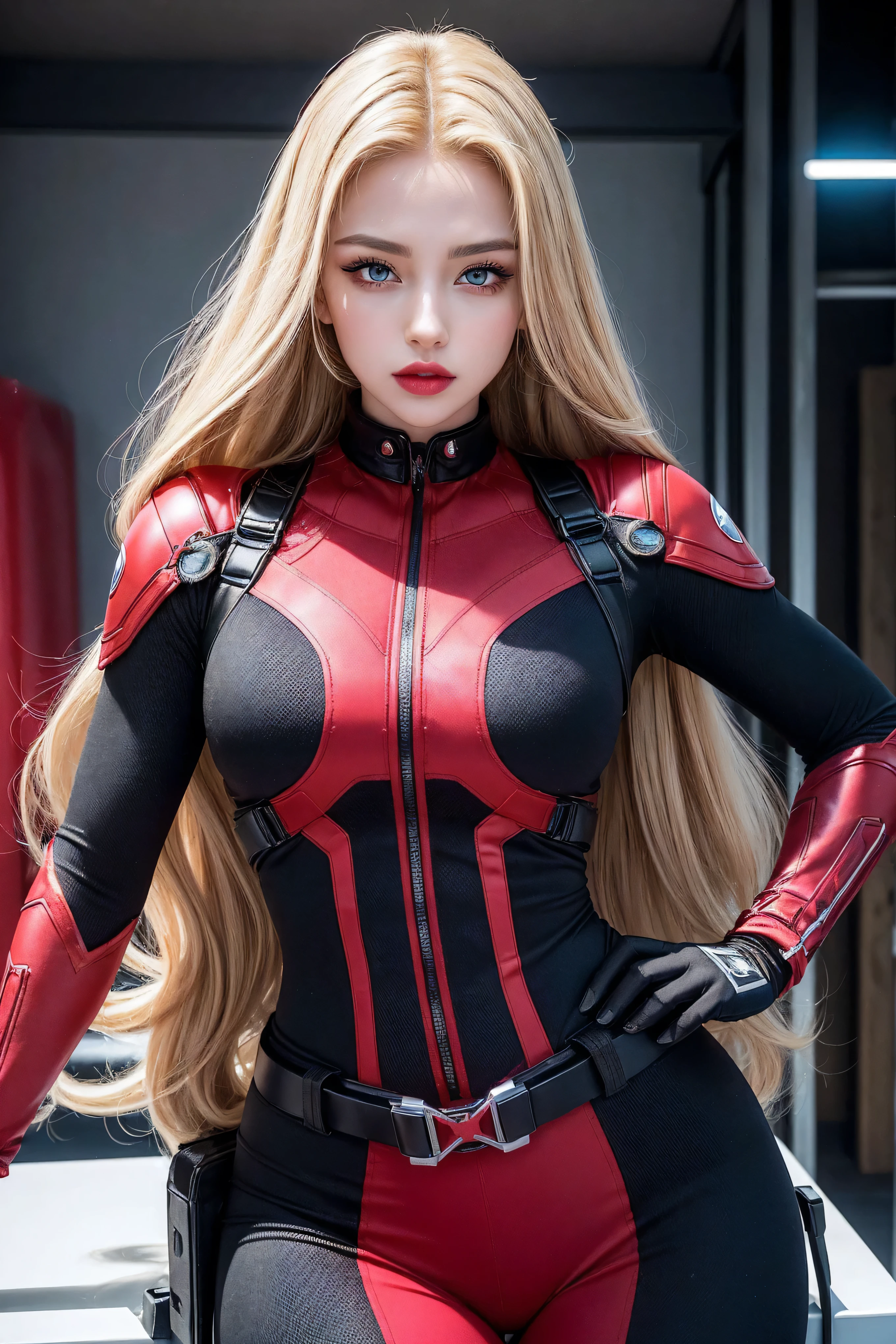 1 girl, ((())), (((Perfect body))), masterpiece, best quality, 8K, Extremely detailed skin texture, Extremely detailed fabric texture, Beautiful and delicate face, (((Extremely beautiful))), Intricate details, Extremely detailed, ((Black Widow imitating Captain America)), (((straight blonde hair))), Extremely beautiful blonde, (((Extremely detailed long hair))), big red hairtie, Ponytail, Dynamic poses, ((Clothes that show thighs)), (Extremely detailed legs), ((shorts)), ((skirt)), (((Wide hips))), (Extremely detailed thick thighs), Sexy, Seductive pose, (((Extreme hourglass figure))), Extremely detailed deep red lipstick, Extremely detailed lips, Extremely detailed blue eyes, Beautiful appearance, (Slanted eyes), Extremely detailed provocative mouth, Extremely beautiful seductive lips, blush, Professional Makeup, Eyeshadow.
