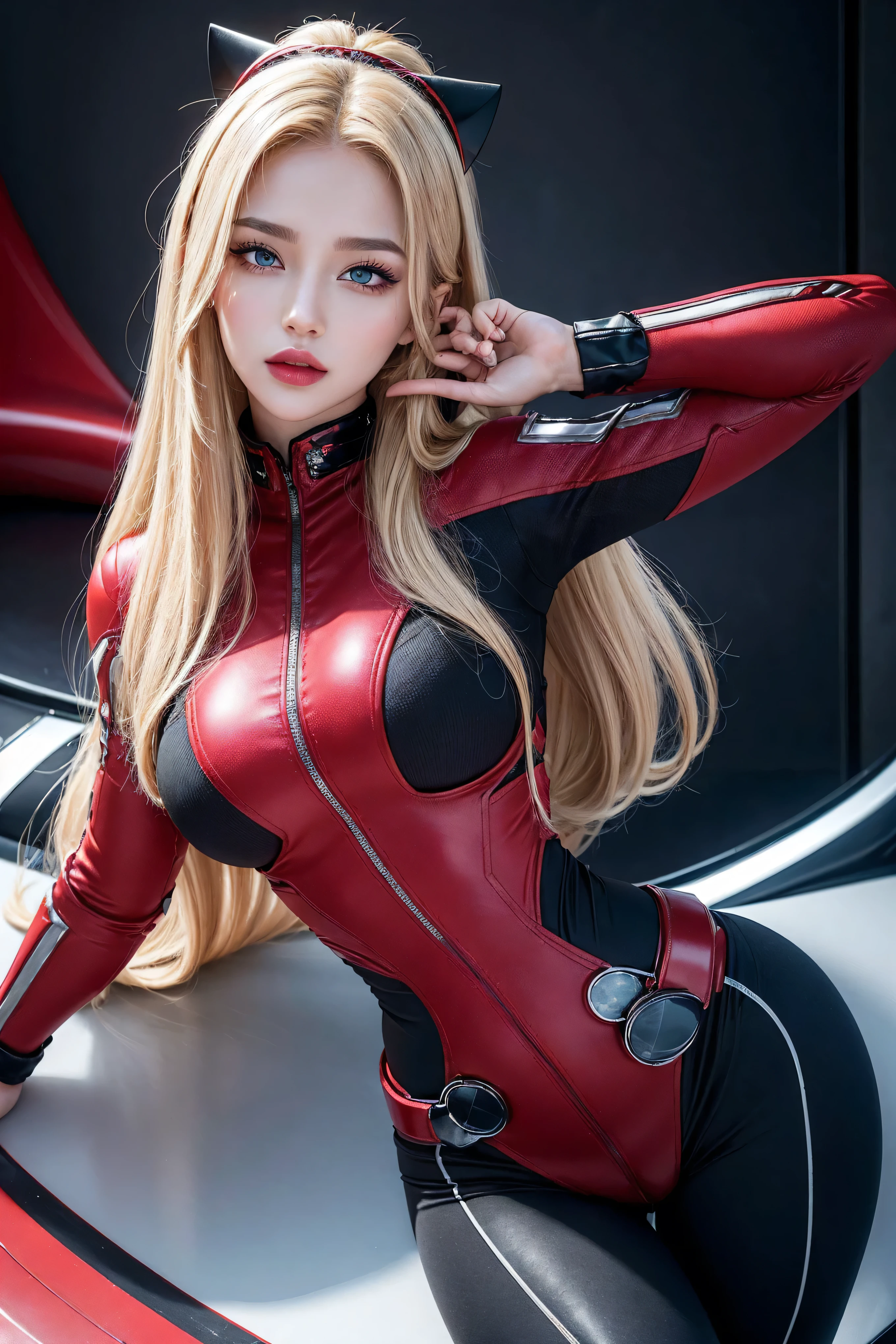 A female robot with a design similar to yourself&#39;She is wearing a red leotard and black pantyhose.　Machine body　Bedroom