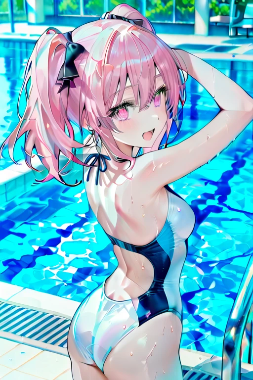 ((Bright pop-colored swimsuits, lying on the water and floating)), , skinny, solo, 1 woman, Masterpiece, highest quality, highest quality, 16K, incredibly absurd, highly detailed, 2.5D, delicate and dynamic, very delicate facial expressions, delicate eye depiction, erotic, only sexy woman, healthy figure, 25-year-old woman, bride, 160cm tall, medium firm swaying bust, (short hair), (pink hair:1.5), bob cut, black eye, blush, Sweat,Embarrassed,sexy, ((thin thighs)), Erect nipples, (camel toe:0.6), ((shiny and lustrous)), facing straight at viewer,Navel, tan skin,