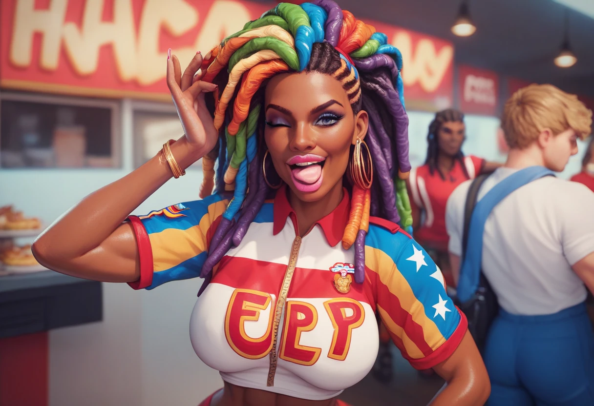 1girl, official anime art illustration, (long ((violet)) dreadlocks), violet eyes, rounded nose, (tall plump dark-skinned Haitian mature woman inside grocery store pastry aisle), small breasts, (wearing Pan-African flag bikini top), tattoo above navel, golden armlets and bracelets, dark ripped skinny jeans, plump thighs, waist beads, smile, perfectly photorealistic, incredibly detailed, 8k, UHD, masterpiece, best quality, ultra detailed, intricate,