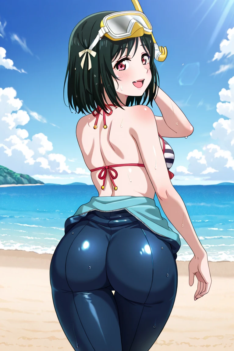 realism,beautiful lighting,solo, 1 female,((black hair, sideswept hair bang, ponytail hair)),pale skin ,glasses, light blue bra, light blue bikini swimsuit, blue panty, transparent skirt, farting, massive fart, yellow gas, velocity, bend over, blush, clenching teeth, alone in a beach