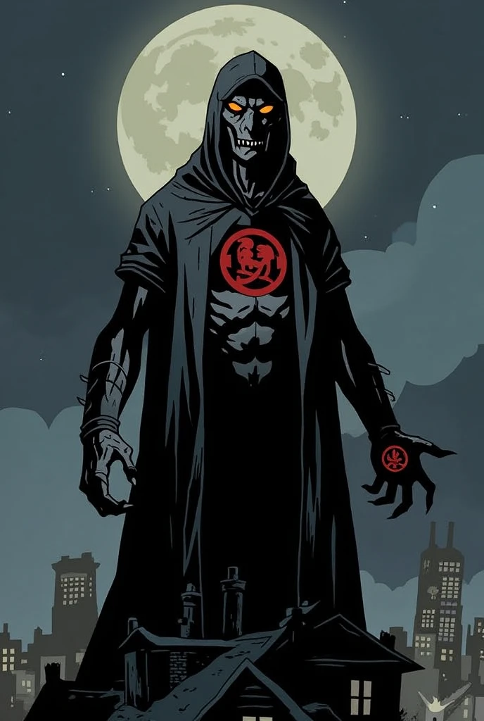 Clothing: Lorcan wears a flowing black cloak with the symbol of Tenebra – a pentagram surrounded by moon phases – embroidered in silver on the chest. Under the cloak, he wears practical, dark clothing suitable for both combat and stealth.
Accessories: He carries an amulet with the symbol of Tenebra, which he uses as a holy focus. On his belt, there are small pouches containing spell components and thief tools. He also has a short-bladed dagger, often concealed in his garments.
Physical Characteristics: Lorcan is of medium height with a lean physique, his muscles defined by a life on the streets. His hair is black, usually slicked back, but some strands fall across his face, adding to his mysterious aura.
Face: His face is angular with strong features. His eyes are piercing and a deep blue, seeming to see through people, uncovering their deepest secrets. He often wears an enigmatic smile that suggests both confidence and mischief.
Additional Details: In the shadows, Lorcan seems to blend in almost magically, as if the darkness itself is an extension of his being. His presence is both intimidating and fascinating, making it hard to look away when he is around.