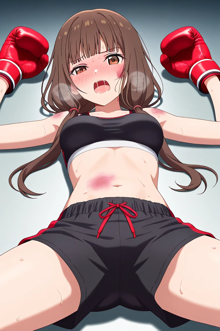 Highest quality,masterpiece,Lying down,sleep,レスリングのリングにLying down, WWE Divas,Wrestling Arena,Wrestling ring background, Boxing ring background, 胎児の姿勢で仰向けにsleep, scratch, Bruising and bleeding, Lack of stamina, Ryona, Hitting a girl, death is near,タケユカ 超ロングヘア ヘアribbon, Frilled shirt, Underbust, ribbon, Fingerless gloves, White gloves, Waist apron, Orange Skirt, socks, Toeless legwear,winner, Nice, winner, (Moaning , Open your mouth), ((Leaning on the ground, 仰向けにsleep, 地面にsleep, lose consciousness, Unconscious, Bend your knees,please lower your arms)), (Long belly), (Clenched fist, Tilt your head),