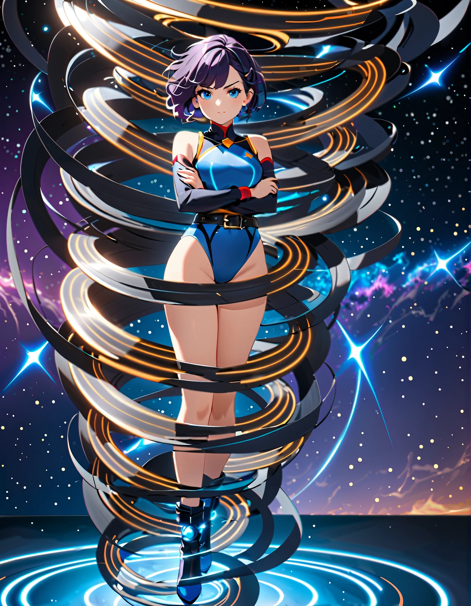 (((pixel-perfect, detail-perfect))), 1girl, superhero, leotard, highleg leotard, bare legs, boots, standing, solo focus, golden belt, spread arms, ((spins fast in place like a tornado)), full body shot, outer space, sleeveless, ultra highres, absurdres, beautiful face, detailed eyes, symmetric eyes, perfect body, good proportions, brown hair, (blue light, light swirls around her body, wind swirls around her body), ((only five fingers)), tornado spin