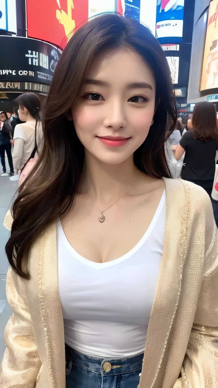((Top image quality、in 8K、masterpiece:1.3))、The upper part of the body(1.3)、Excellent style、Gentle face、Parallel eyebrows、A smile、natural make up、Clothing that emphasizes cleavage、During your morning commute、Refreshing、The tree々Cafe from between