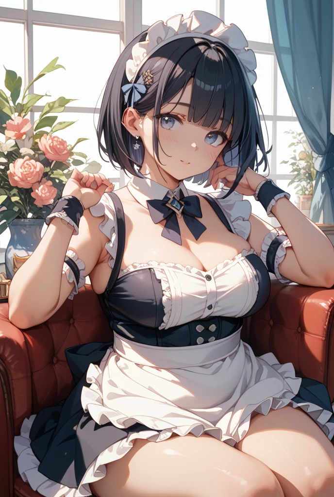 (((masterpiece, best quality))), cute girl, ((extremely detailed girl)), ((huge breasts)), (maid), (bare shoulders), cleavage