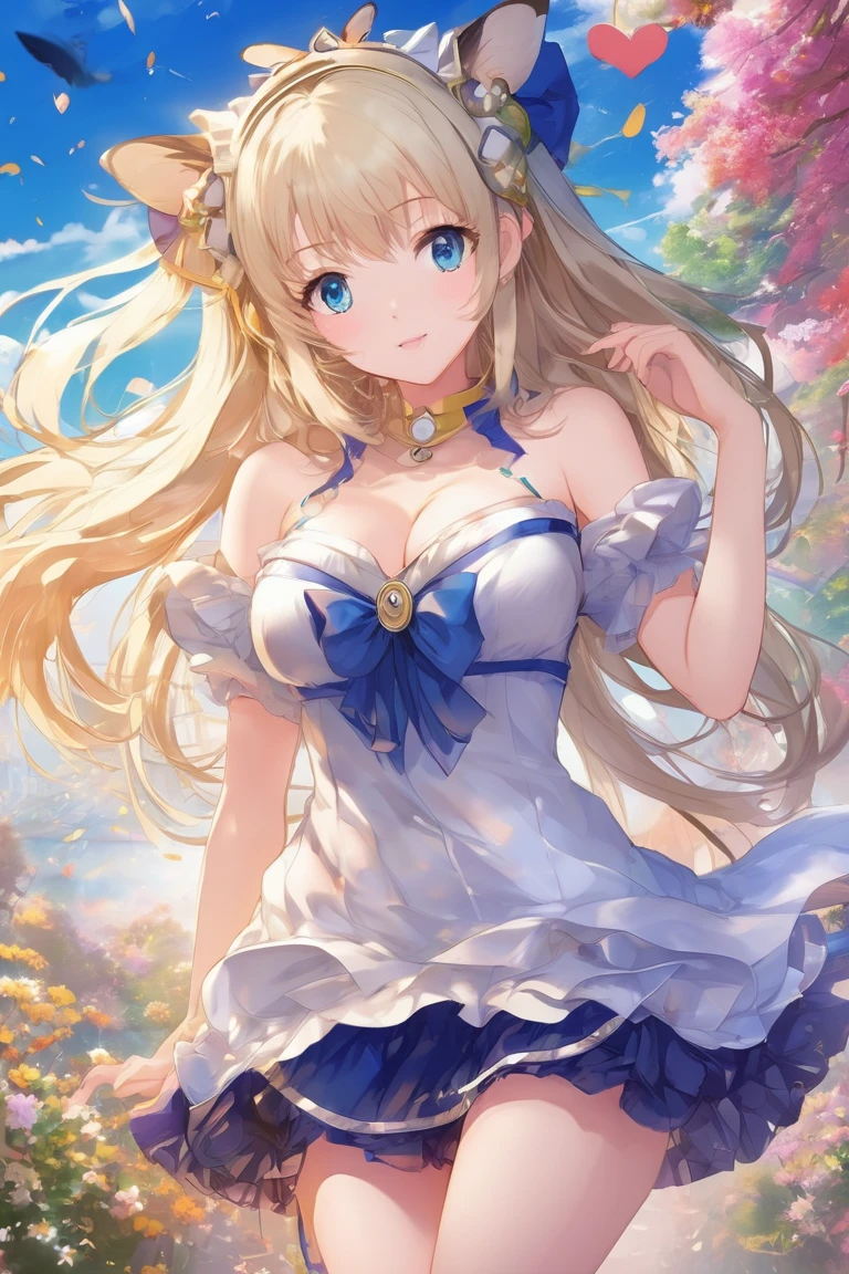 ((Highest quality、High resolution))、Beautiful woman、Perfect body、Beautiful and bountiful breasts、(tits)、long blond、bangs、Blue and white、Embellished blue sexy dress、skirt、(((Showing panties、I'm tempting you、A woman opening her legs and inviting sex)))、Outdoor Scenery