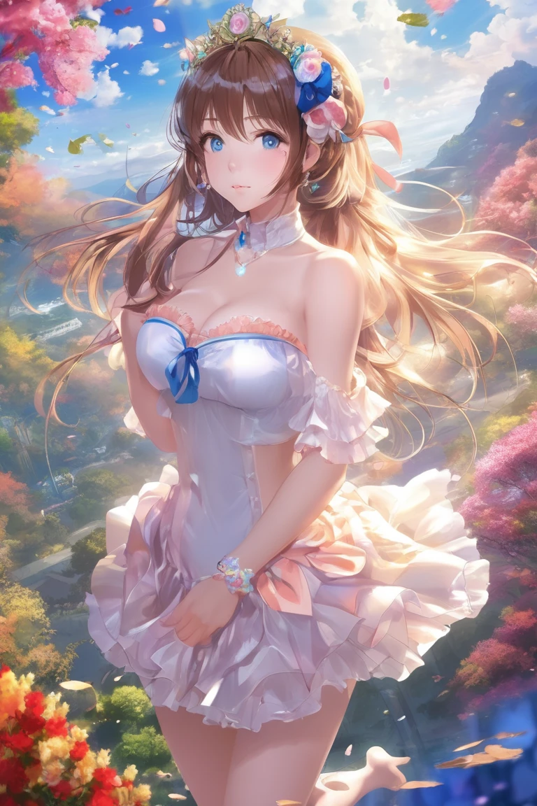 1 beautiful girl 20 years old, anime girl, walking in a field of flowers, blue sky with white clouds, artistic fairy costume green mini dress, low-cut and sleeveless dress, crystal high heels, defined hands and legs, full body, looks like a sexy model, a pair of translucent wings, butterflies around, big round breasts, glossy lips, cleavage, high heels, brown hair, hair over shoulder, wavy hair, asymmetrical bangs, hair one side up, expressive hair, hair behind ear, hairband, leaf hair ornament, aqua eyes, pupils sparkling, crystal earrings, pointy ears, smile, blush, fingersmile, seductive smile, naughty face, Color Field painting, high detail, anime, dithering, image fill, first-person view, wide shot, from above, perspective, Wide-Angle, f/1.8, 85mm, Canon, 8k, super detail, UHD, anatomically correct, masterpiece, high quality