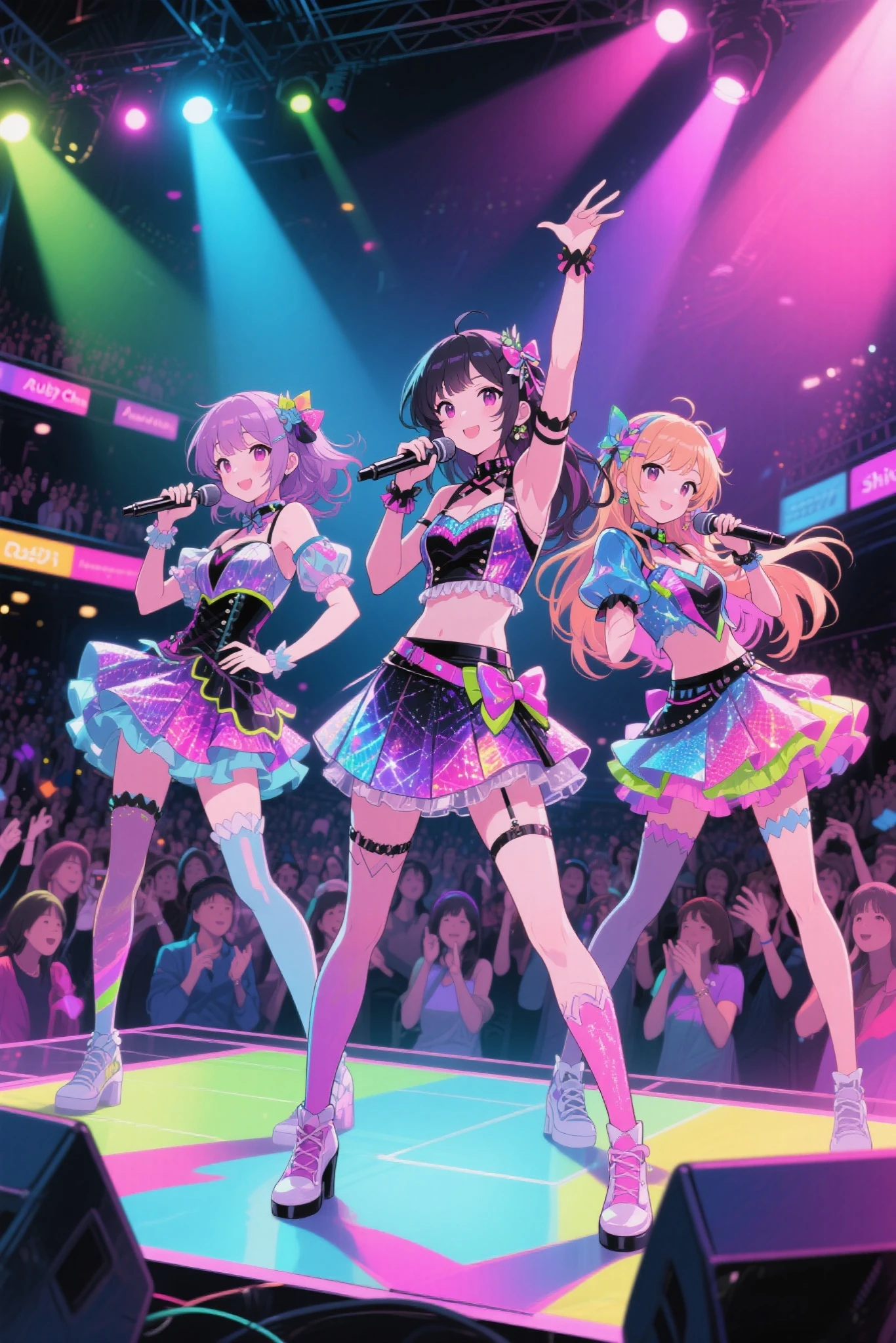 Dynamic angle, highest resolution, best quality, masterpiece, ((Detailed eyes and detailed face: 1.2))))), (((Perfect human arms, super detailed human five fingers)))), (((Perfect human legs)), upper body, 1 or 2 girls, smile, wolf ears, wolf tail, pink eyes, hair between eyes, (wink)))), D cup, cleavage, striped hair, (Variegated hair color:1))))), ((Random hair color: 1)))), versatile hairstyles: 1, twin tails, ultra-detailed gradient hair, (((T-shirt with the kagenari logo)))), professional designer, fashion leader, ruffled dress, sneakers, love live, Idolmaster, jewelry, backstage, best stage, climax, professional stage, ( Holding the microphone with your left hand and singing emotionally, overflowing emotions, the best smile))), singer, vocalist: 1, idol, diva, professional stage, professional lighting, live lighting, averting gaze, fan service: 1, ((((satellite photo seen from the audience)))), ((((Panchira, cute panties))))