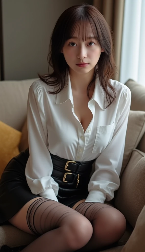 (Best quality, 32k, Raw photo, UHD), lifelike rendering, A stunning beautiful European woman, 24-year-old, 1girl, solo, 24yo, medium blonde wavy hair, double eyelids, beautiful blue eyes, detailed facial, perfect round medium breasts, (cleavage:1.4), beautiful hand, wide hips, slender legs, perfect body, glamorous figure, (pale skin:1.2), clean skin, detailed skin texture, skin pores. (Genuine:1.4), She wears female office suit, (white Long-Sleeve round silk T-Shirt:1.3), (woman suit jacket:1.3), (black choker:1.4), Lingerie bra, (loose skirt:1.3), (shiny lace pantyhose:1.3), high heels. Sits on a staircase, which is the central object. With legs crossed in a relaxed manner. The pose suggests a casual yet confident demeanor. The background features a modern architectural style with glass and concrete elements, providing a sleek and contemporary feel to the setting. (eyes to the camera, looking at the viewer, smile warmly), messy hair. The overall composition of the image suggests a blend of fashion and urban design. (Film grain:1.3), photorealistic, bokeh, realism, 8k, epiC35mm