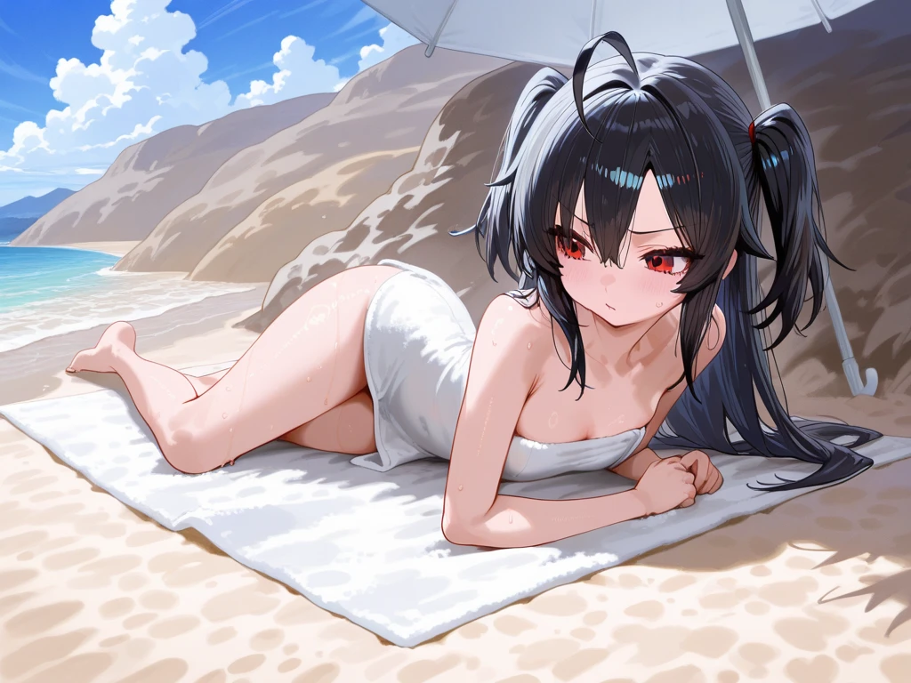 black twintail hair, medium breasts, naked, crawling, blushing, full body, on the beach, masterpiece ,very detailed, side view, having sex