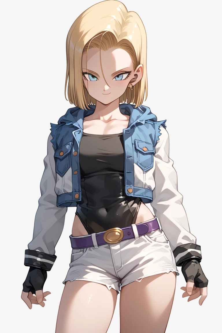 android 18, alta resolución, anatomically correct , The best quality , tall details, high quality, senos medianos, masterpiece,  smile, belt, black gloves, black leotard, blue belt, denim, denim shorts, fingerless gloves, gloves, hood, hood down, hooded jacket, jacket, leotard, purple belt, short shorts, shorts, white hood, white jacket, white shorts,