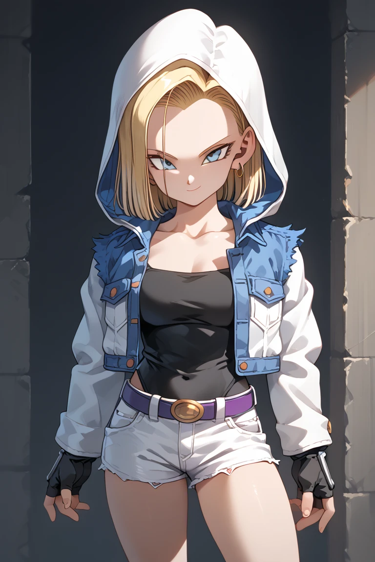 android 18, alta resolución, anatomically correct , The best quality , tall details, high quality, senos medianos, masterpiece,  smile, belt, black gloves, black leotard, blue belt, denim, denim shorts, fingerless gloves, gloves, hood, hood down, hooded jacket, jacket, leotard, purple belt, short shorts, shorts, white hood, white jacket, white shorts,