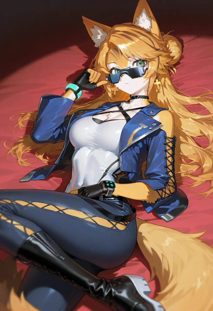 Woman with blonde hair with blue highlights, fox ear, beautiful sexy body, abundant body, beautiful thighs, wearing glasses, beautiful green eyes, wearing cyan blue jacket, blue strand in the middle of the head, anime style character,
