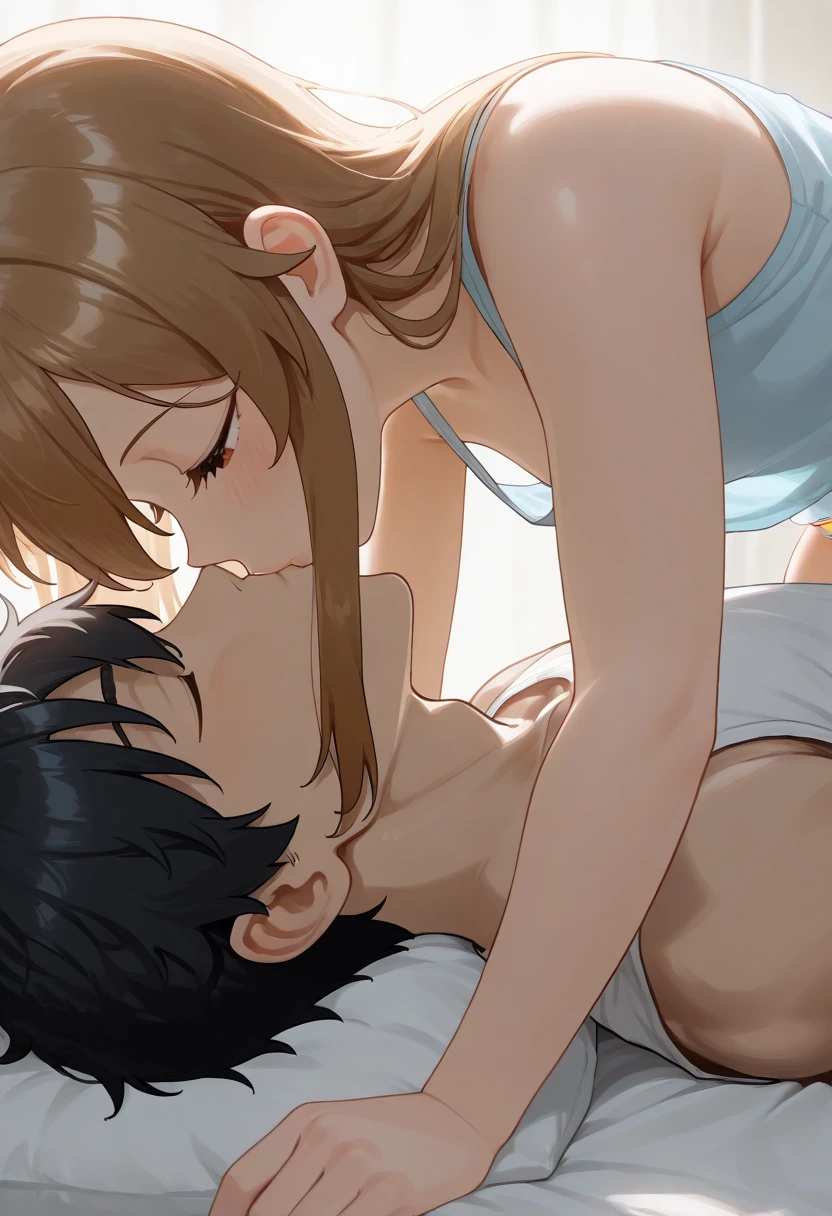 score_9, score_8_up, score_7_up, score_6_up, source_anime, masterpiece, best quality, very aesthetic, uncensored, 1girl, 1boy, (kiss on the lips:1.3), cute face, lace camisole, round breasts, small breasts, (hand touch breasts:1.3), seductive, voluptuous, short hair, brown hair, pubic hair, excessive hairy pussy, (hand touch pussy:1.3), pussy juice, moaning, living room, window, window blinds