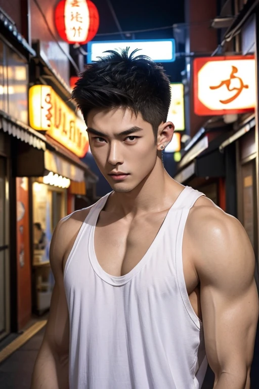 8k, On the table, Original Photography, best quality, Reality, Highly detailed CG Unity 8k wallpapers, Depth of Field, Movie Lighting, lens flare, Ray Tracing, (Very beautiful and attractive face, Beautiful lips, beautiful eyes), Delicate face, (Ultra-delicate skin), 1 man, In nature, in deep shadow, Beautiful European man, Korean Idol, 1 male, (Very strong body:1.3), (Looking at the audience), (A firm appearance) :1.3), (sleeveless), (Fashionable city night scene, Night, Neon lights, Blurred background), fashion street night scene, (The people behind it々:1.3), Beautiful earrings, bracelet, necklace, Pantyhose, Clear eyes, walk, (Pale skin), (big eyes), Facing forward, (Upper body shooting), (Loose clothing:1.3), (Brown hair), (Bosch Clothing, (transparent), (Looking at the audience:1.3) Very strong ,, Turn around, (Back), transparent, Medium hips.