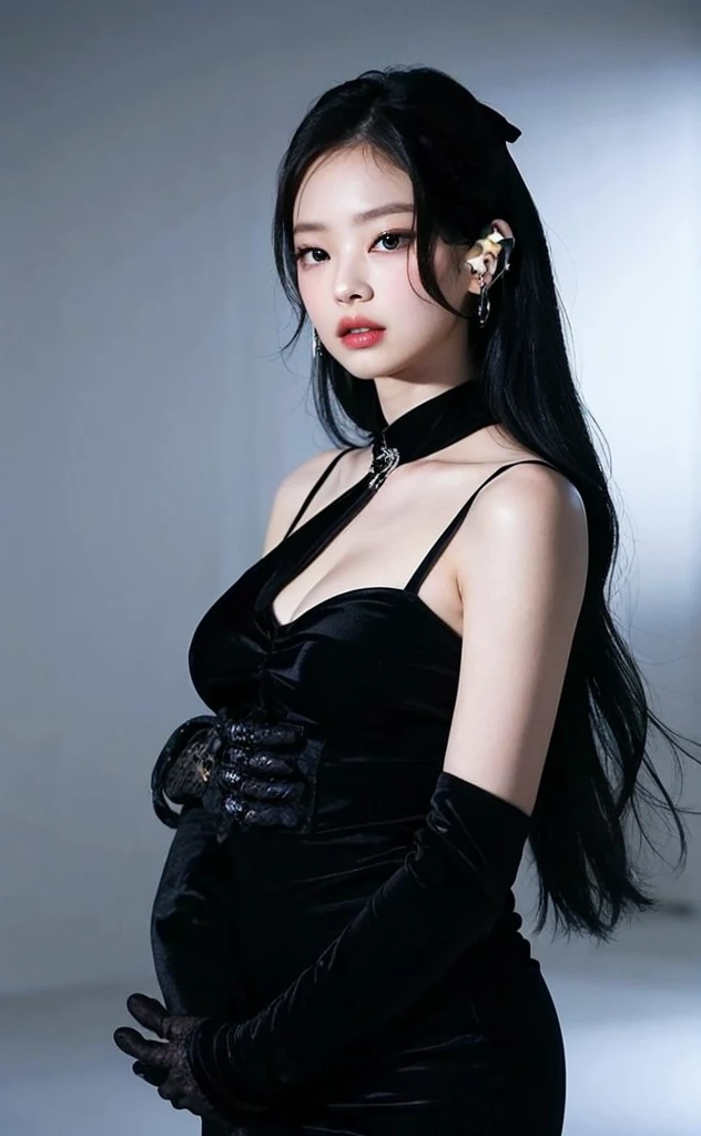 Best quality, masterpiece, ultra high res, (photorealistic:1.4), raw photo,1girl, solo, realistic, looking at viewer, upper body,simple gray background, black dress,<lora:makina69_ningning_v1.0:1>