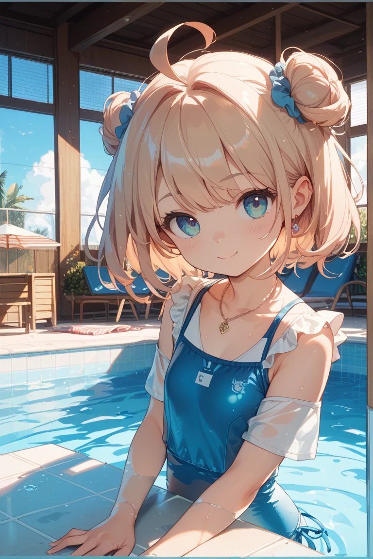 Pokemon irida, blonde short hair, red hair band, silica - sword art,masterpiece、ultra precision、perfect hands가락 (Accuracy 1.2), and soul、alone、red and white costume、full coverage swimsuit, old school swimsuit, swimsuit shining (very good detail), water droplets, silica、Absolute reference to center、Put your arms behind your back.、Observe your audience、view from the front、high resolution, (illustration:0.8), (beautiful and delicate eyes:1.6), very detailed face, perfect lighting, Highly detailed CG, (perfect hands, complete anatomy), erotic, In the room