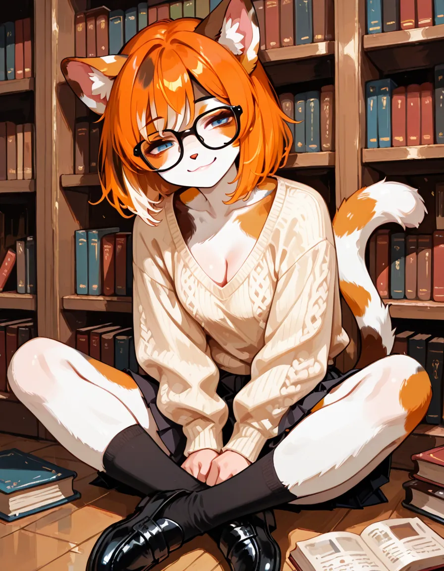 Solo:1.4, Sam, orange tabby cat girl, tall slender body, green eyes, crimson scarlet hair, long hair, orange cat ears, large round clear glasses, tabby cat tail, pink cute cat nose, black baggy shirt,thong, black thigh highs , hair in a bun, indoors, lounging on a sofa, by a big window, full body shot, Cloudy stormy weather visible through window, holding a book, dim lighting, unreal engine, by gudlmok99, by fumiko
