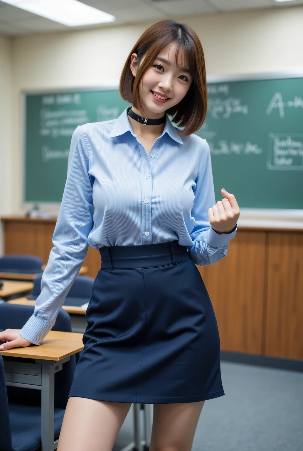 top quality, masterpiece ,real pictures、Realな女教師、Real、(Light blue long sleeve shirt, navy miniskirt:2)、Standing picture、standing leaning forward、bungs:2、brown hair、straight short hair:2、black choker、明るいclassroom、classroom、Teaching Excellence、hand, big 、Very Large Chest Bulge、anatomically correct、slim body、In class、bungs、bungs、 neat clothes 、formal attire、bungsパッツン、Patson Bob