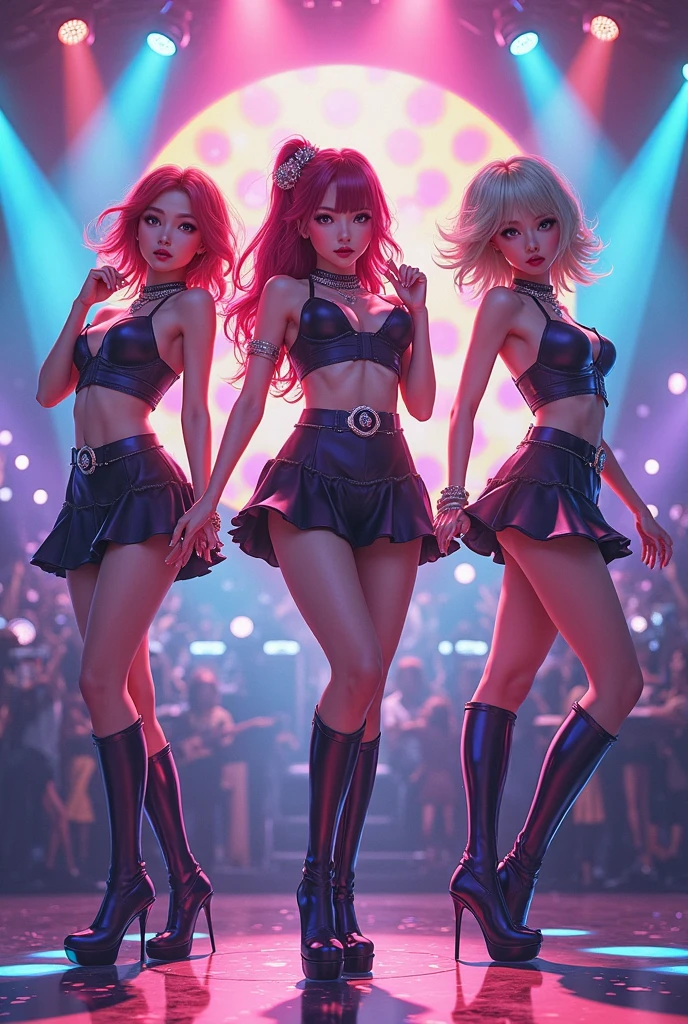 Sexy asian girlsband, sexy body pose, seductive, on stage dancing, sexy, wearing elegant minidress, traditional dress, collar, corsait, stockings, garter belt, high heels, very long boots, high boots, long gloves, ponytail, colorful lipstick, long hair, full body shot, restored faces, very detailed faces