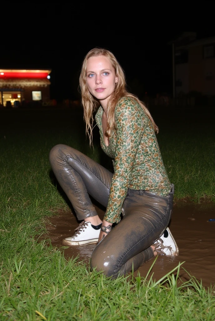 (pp clothes), group photo, 40 year old woman, blonde, (dark wash skinny jeans), outside at night, soakingwetclothes, high heel pumps