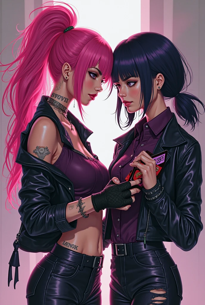 rating_explicit, beautyful woman, gothic, mature woman, tattoos in whole body, slim body, slender body, lilac bra, long sidecut hair, lilac hair, long hair, black lipstick, lesbian, 2 woman, japanese woman, slender body, pink bra, long black hair, night, milf, huging, in desert, kissing