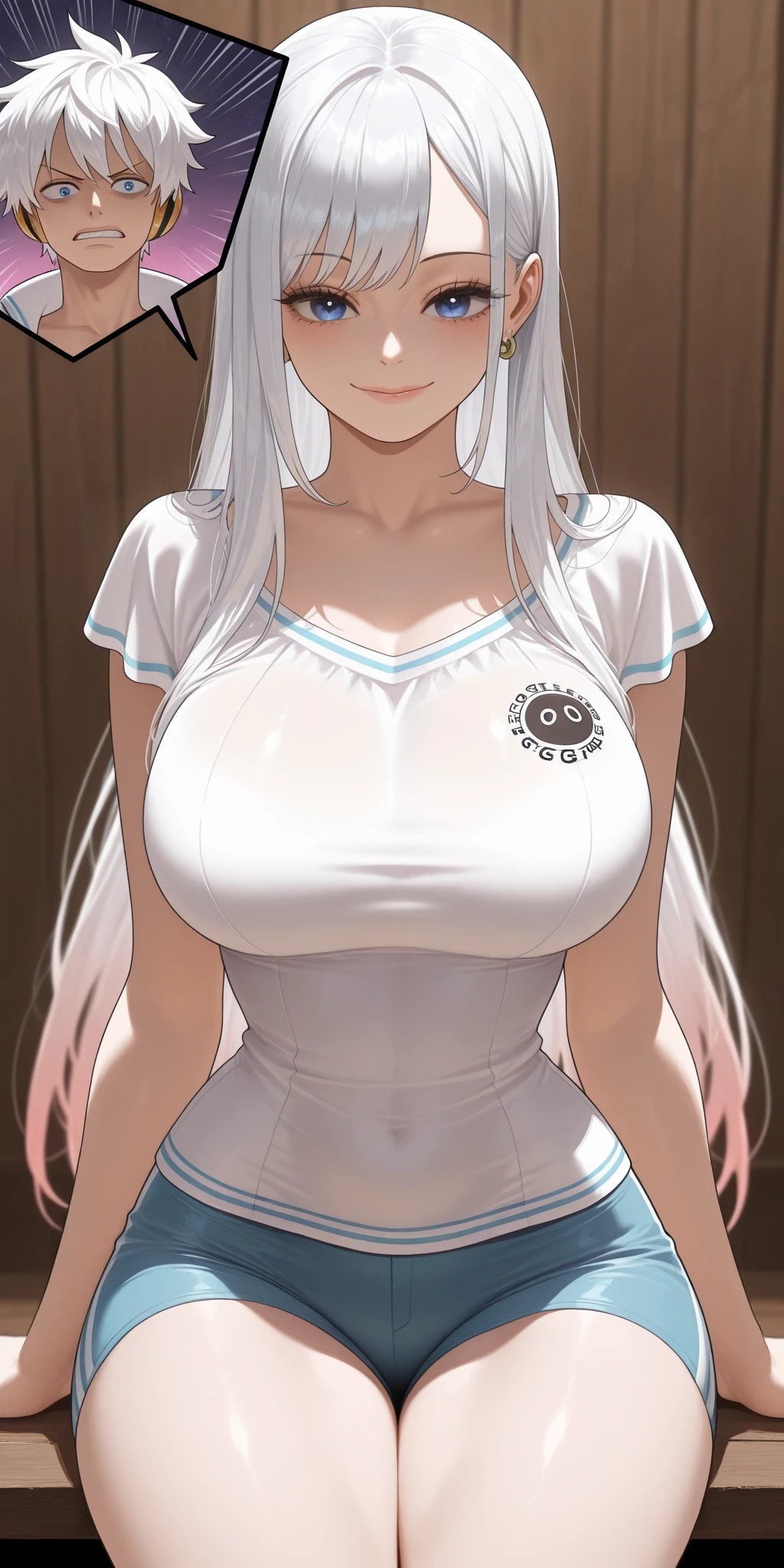 Navel, slim, Casual t-shirt, shorts, Silky skin,Full body pictures, White hair,blue Eye,Ponytail, 1 girl, 25 years old,Young women,beautiful Finger,beautiful long legs,beautiful body,beautiful Nose,beautiful character design, perfect Eye, perfect Face,expressive Eye,Perfect balance, Looking at the audience,(Focus on her Face),housing, (Innocent_Big goals_Eye:1.0),Light_Smile, Official Art,Very detailed CG unity 8k wallpaper, Perfect lighting,rich and colorful, bright_front_Face_Lighting,Light skin, (masterpiece:1.0),(the best_quality:1.0), Ultra-high resolution,4K,Very detailed, photography, 8K, Human Development Report, high resolution, absurd:1.2, Kodak Portrait 400, Film Grain, Blurred background, Bokeh:1.2, Lens Light Halo, (Energetic_color:1.2),专业photography师, (beautiful,Chest), (beautiful_Face:1.5),(narrow_waist),Smile, Happy