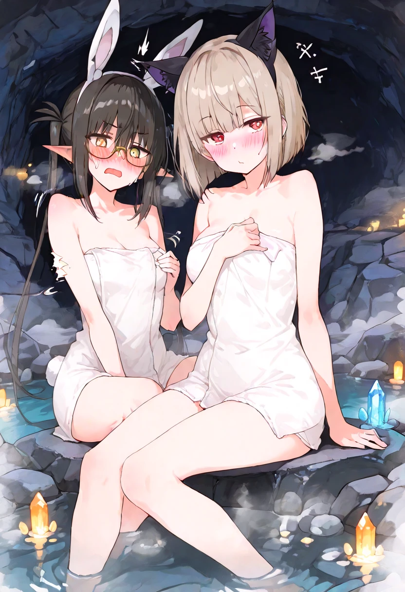 ((2 Elf girls)),((short hair, golden brown hair color, pale skin),(((light yellow eyes))),, warm light,( ),busty,Glamour,Gorgeous,monochromes,erotic posing,Dynamic Posing,Arrange Pose,Dramatic,Cinematic,Detailed background, Dynamic Angle,From the angle of the film,Gothic background, Dark fantastic view,Best Quality,masutepiece,8K,The ultimate detailed dark background, Top image quality、RAW photography、超A high resolution,cropped shoulders, overall look is very erotic model shoot, Large round chest, Beautiful Eyes of Details、Very slender eyes、Beautiful eyelashes、Very slim physique, with blush cheeks,wet Pearl Beaded Bralet bralette of transparent glass, ((wet pearl glass top)), ((bra of clear glass)), wet glass clothes