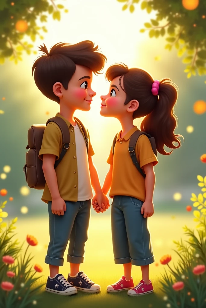 Description: Ángel look at her sad little sister (cielo) and Told her that if THEy go home he IS going to give her a chocolate IN THE HOUSE NOT RIGHT NOW wich is her favorite Candy so she acepted Happy (they still at forest)
Ángel: A 9-year-old small boy human with brown, slightly wavy, and messy hair. He wears glasses that frame his bright blue eyes. He is dressed in casual clothes with scratches and bruises on his arms and legs, showing his adventurous nature.
Cielo: A 4-year-old girl human with short brown hair that reaches just above her ears. She has a small pink flower in her hair. She wears a blue dress with tiny white floral
