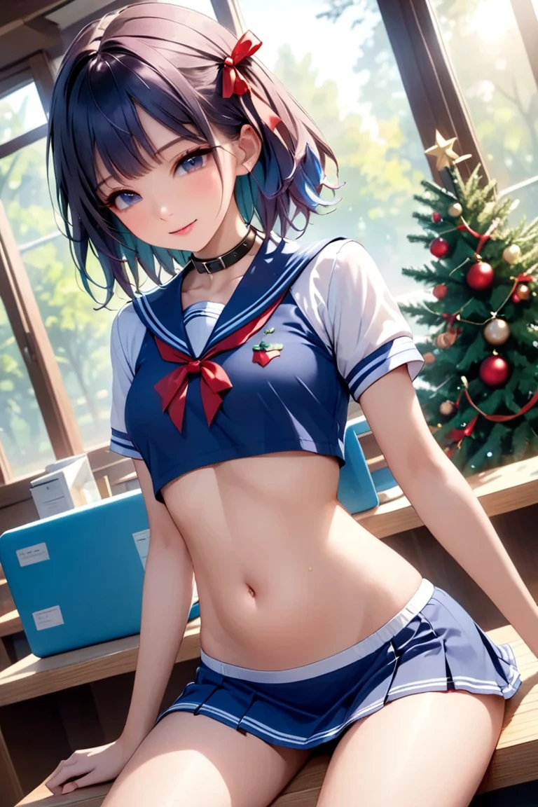 (8k, best quality, master piece: 1.2),super high resolution,1 girl, 独奏, cowboy shot ,ultra-detailed face, Selfie, Cheerleader、Ash、Private room、bed、Midnight、Starry Sky、wariza, hand between legs, Collarbone, Ecstatic expression