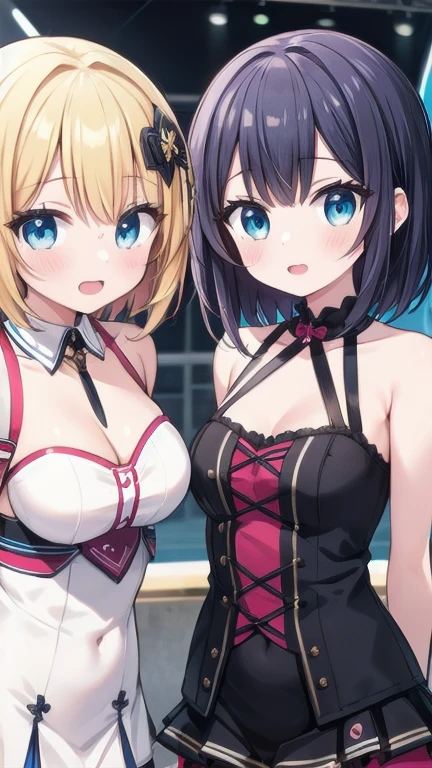 (anime artwork, anime style, studio anime, very detailed, up to date, vibrant, Anime Coloring, high contrast, masterpiece:1.2, best quality, best aesthetics),2 girl, Medium chest, A glimpse of thighs,random hair, One eye is hidden by the bangs, perfect proportions, high detail skin, Cute, detailed faces,kitchen, precise fingers, large breasts,bar,playboy bunny,nsfw, 
