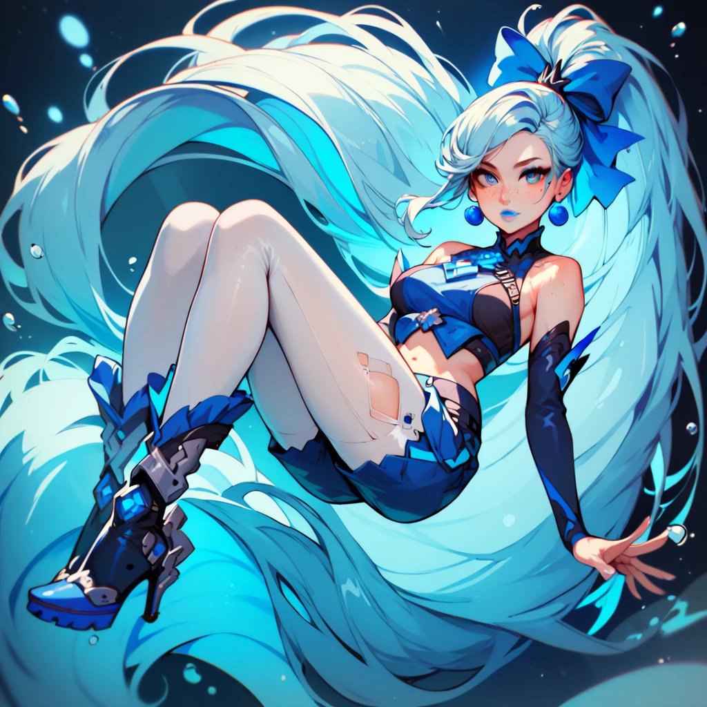 best qualityer,tmasterpiece,Ultimate resolution,downy,Extremely colorful,Colorful,Mermaid princess,cabellos largos dorados,a matural female,blue bikini,The kinky is exposed,The barefoot,the ocean,blue skinsuit,Normal posture