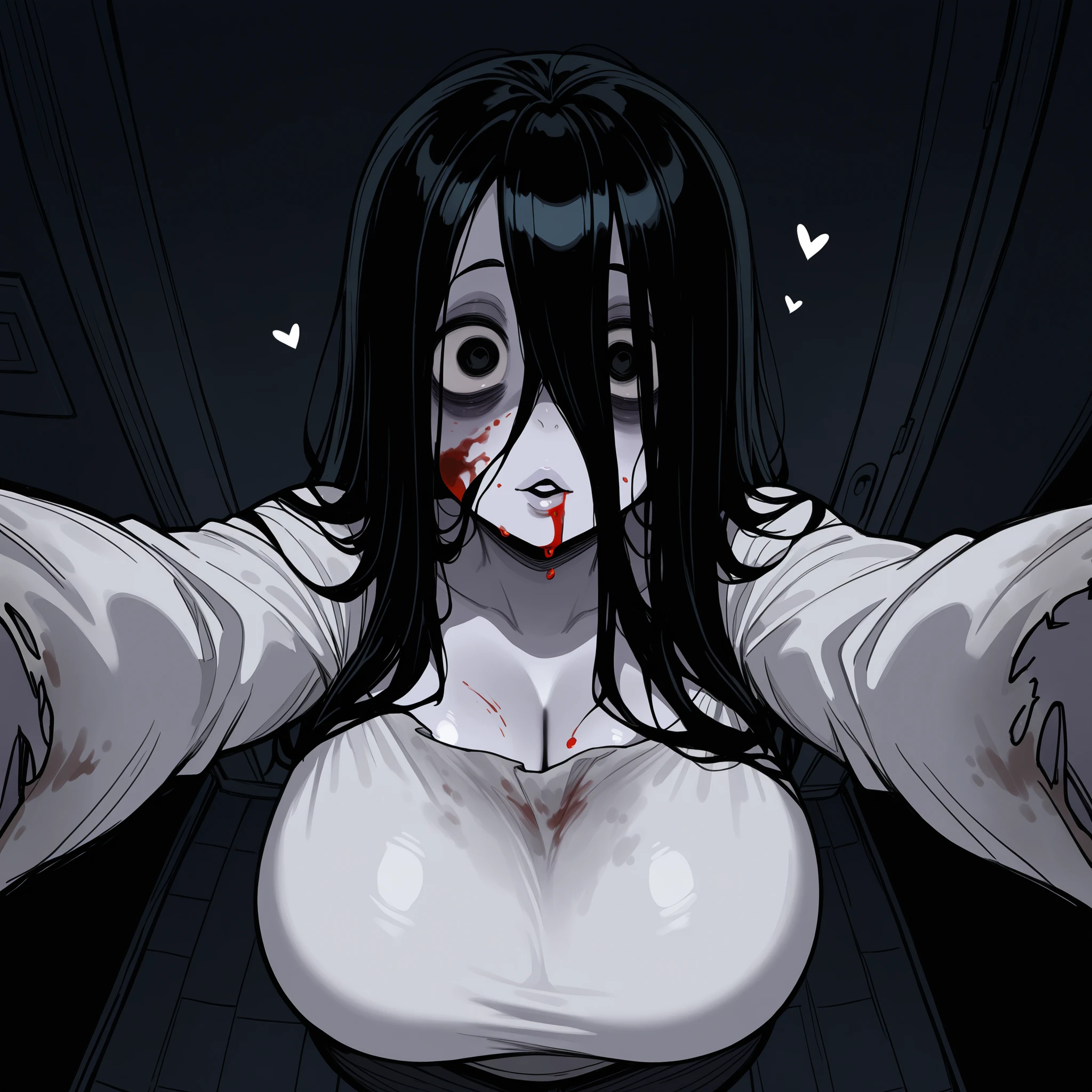 sketch, vintage, sadako, big huge bobbies, selfie, upper view, top view, blood in face, hearts around, dark room, send a kiss to the selfie