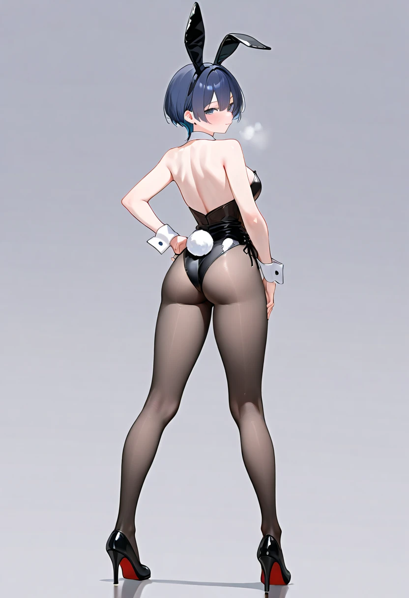  score_9_up, score_8_up, score_7_up, source_anime,high resolution,ultra sharp image, rem, blue eyes, blue hair, hair ornament, hair over one eye, hair ribbon, short hair, x hair ornament, fake bunny ears, high legs leotard,black bunnysuit, bunny tail, detached collar, bowtie, cuff, black pantyhose, black heels, solo, portrait view, bend over, ass
