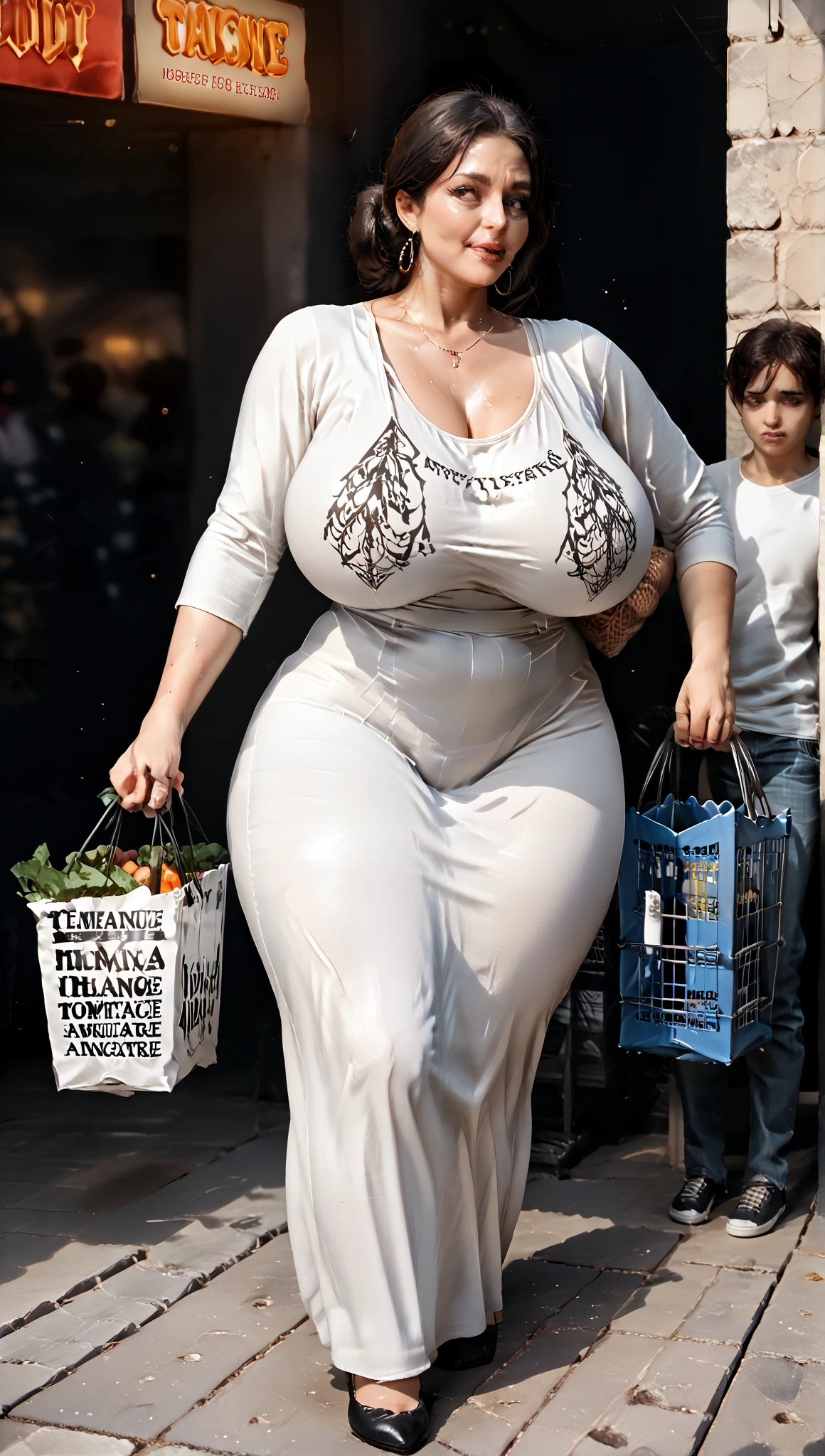 A 35 years old woman, walking in the forest, full body shot, Wearing a light grey sleeveless turtleneck top, business trousers, high heels, extremely huge saggy breasts. It is raining heavily, wet clothing, wet hair