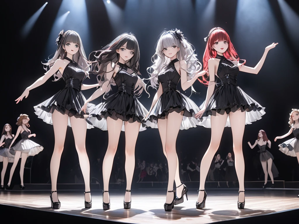 Sexy, kalafina, Keiko Kubota, Hikaru Masai, Wakana Ōtaki, 3 girls, on stage singing, sexy, wearing elegant minidress, traditional dress, collar, corsait, stockings, garter belt, high heels, very long boots, high boots, long gloves, ponytail, long hair, full body shot