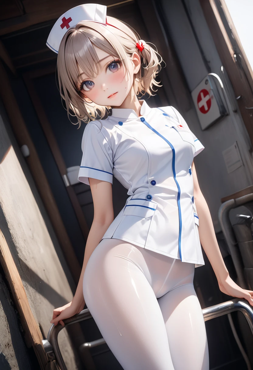 (((nurse uniform), (white pantyhose), (Shiny Costumes))), skindentation, skinny, solo, 1 woman, Masterpiece, highest quality, highest quality, 16K, incredibly absurd, highly detailed, 2.5D, ai-generated, delicate and dynamic, very delicate facial expressions, delicate eye depiction, erotic, only sexy woman, ((A cute and kind face)), healthy figure, ((25-year-old woman)), 160cm tall, medium firm swaying bust, blush, Sweat,Embarrassed,sexy, ((thin thighs)), (camel toe:0.7), (visible nipples:0.3), (Erect nipples,:0.7), shiny and lustrous, facing straight at viewer, (((in heat))), ((Oily_skin)), ((dutch angle)), ((erotic pose)), ((one keene)), latex,
