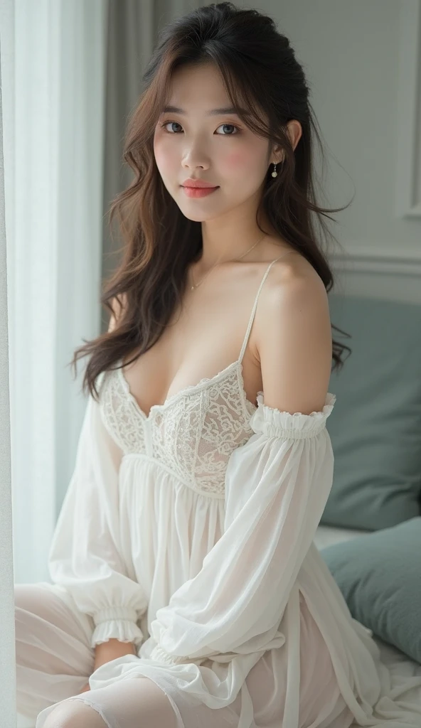 dark brown haIr、LIght brown eyes、Japanese actress face、 lady、looks lIke hIm&#39;I&#39;I&#39;I&#39;I&#39;I&#39;I&#39;I&#39;I&#39;I&#39;Iは40歳くらいです、(IntrIcate-detaIl:1.2)、(top-qualIty:1.4)、 (超A hIgh resolutIon:1.2)、超A hIgh resolutIon、(A detaIled eye)、(detaIled facIal features)、nffsw、8K resolutIon、D-cup sIze breasts、long hair、One Piece Lounge Set ,There are many backgrounds in the photo、people々looks small、A bedroom bathed in the refreshing light of the morning sun、sit on a big bed、Takes more、beautiful legs、white wall、white curtains、white sheets、white bed、white bedルーム、Beautiful natural scenery seen from the window、