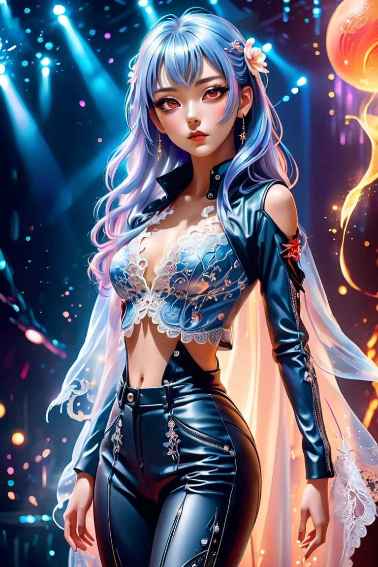 Close-up of a woman with colorful hair and necklace, anime girl with cosmic hair, Rossdraws' soft vibrancy, Gouviz-style artwork, fantasy art style, colorful], vibrant fantasy style, Rossdraws cartoon full of energy, cosmic and colorful, Guweiz, colorful digital fantasy art, stunning art style, beautiful anime style, white skin, night coat, back view