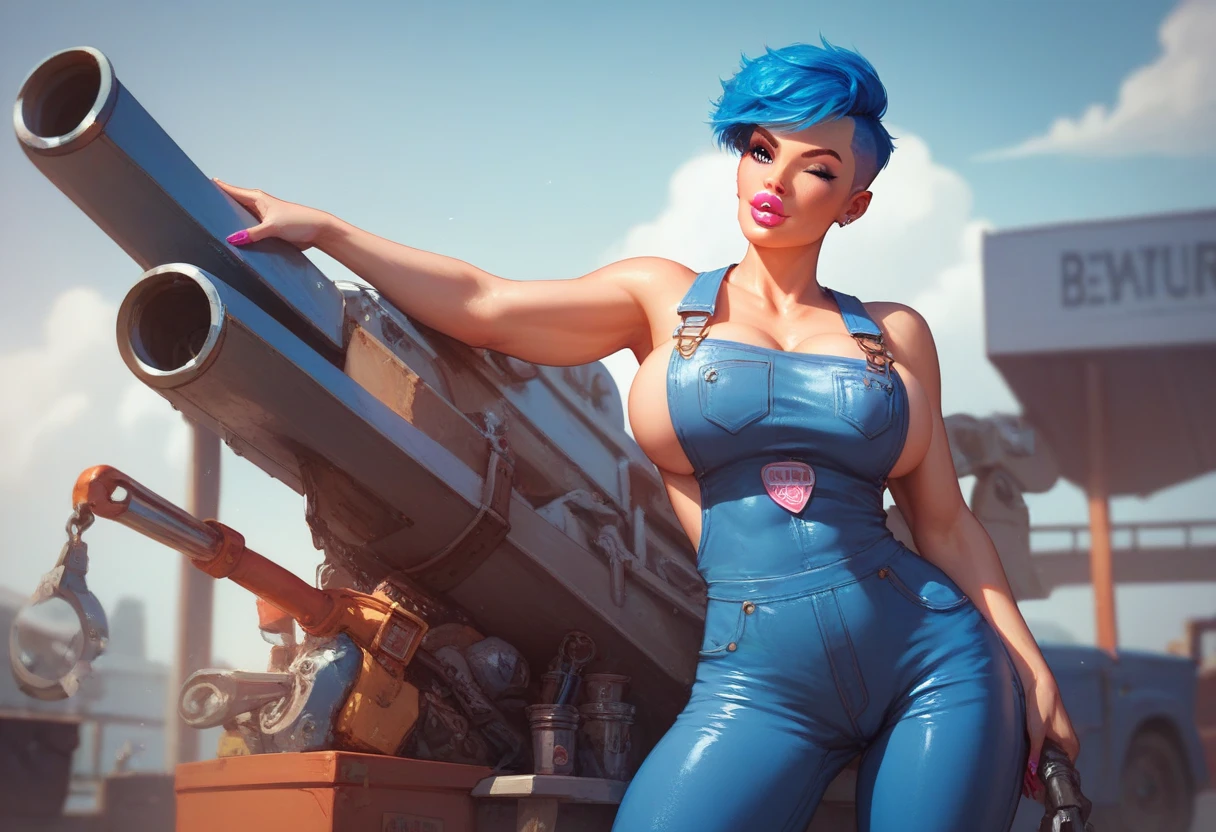 a cartoon of a woman in a blue jumpsuit standing next to a truck, a black dieselpunk policewoman, beautiful comic art, comic pinup style, pinup art, blue overalls, (sfw) safe for work, commission for high res, full color illustration, afrofuturistic, african domme mistress, cutesexyrobutts, dark blue skin, pinup