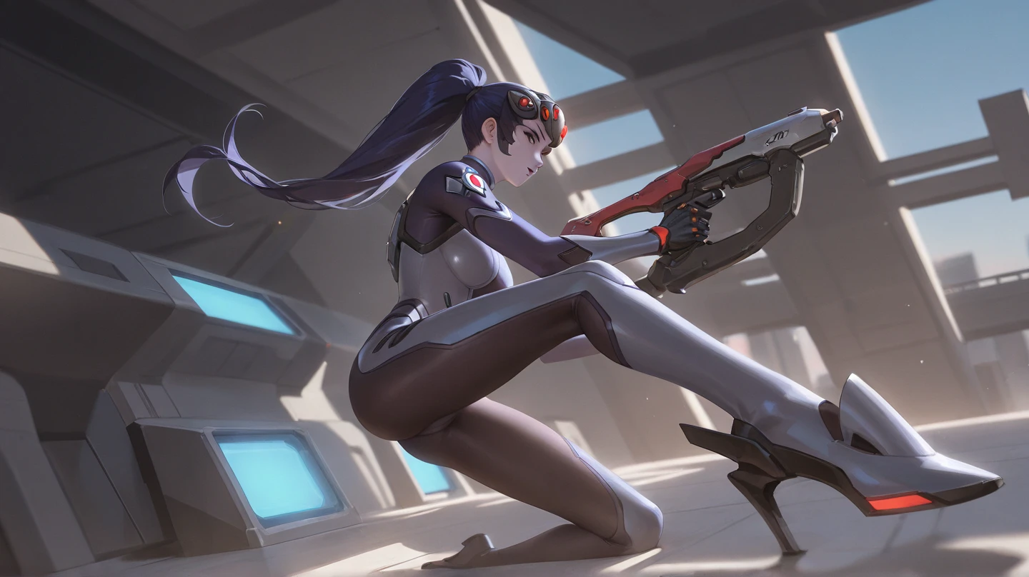 widowmaker, holding weapon, aiming to the right, death glare, visor, high heel boots, night sky, night, roof, <lora:widowmakerOverwatchLORA_v1:0.7>, best quality