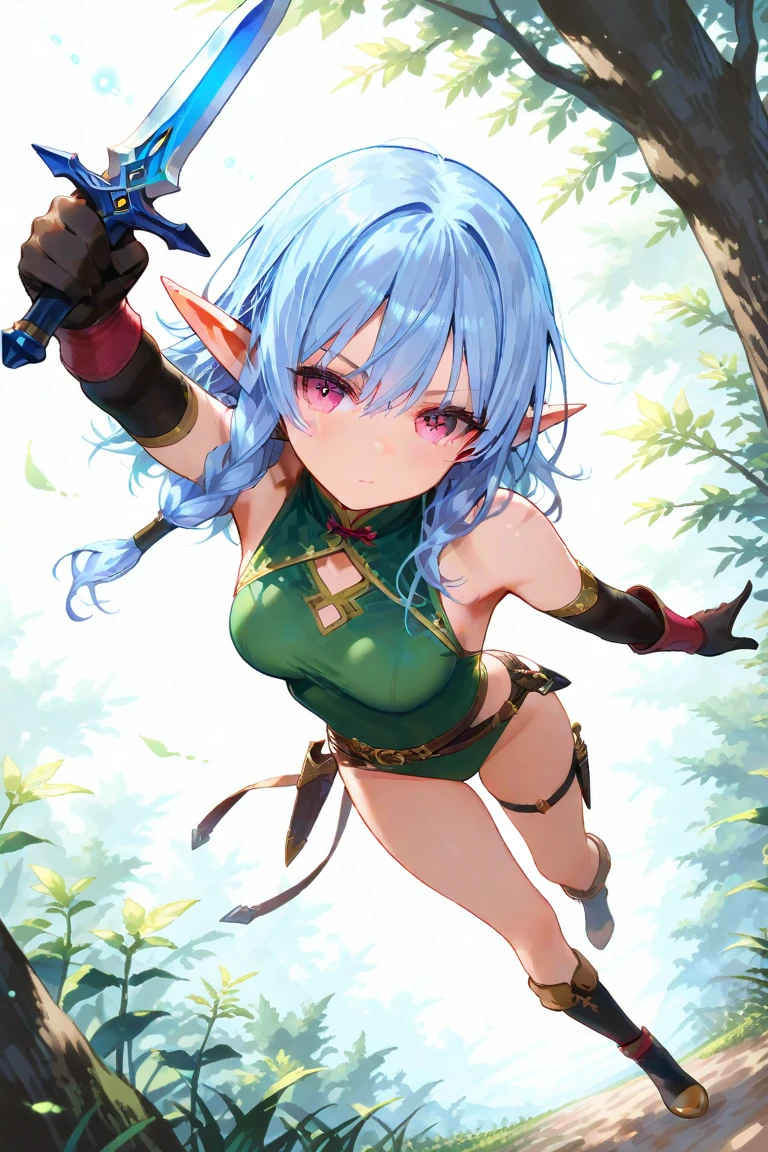 Make a picture where a fairy is getting tied up by a female thief in the woods, bound